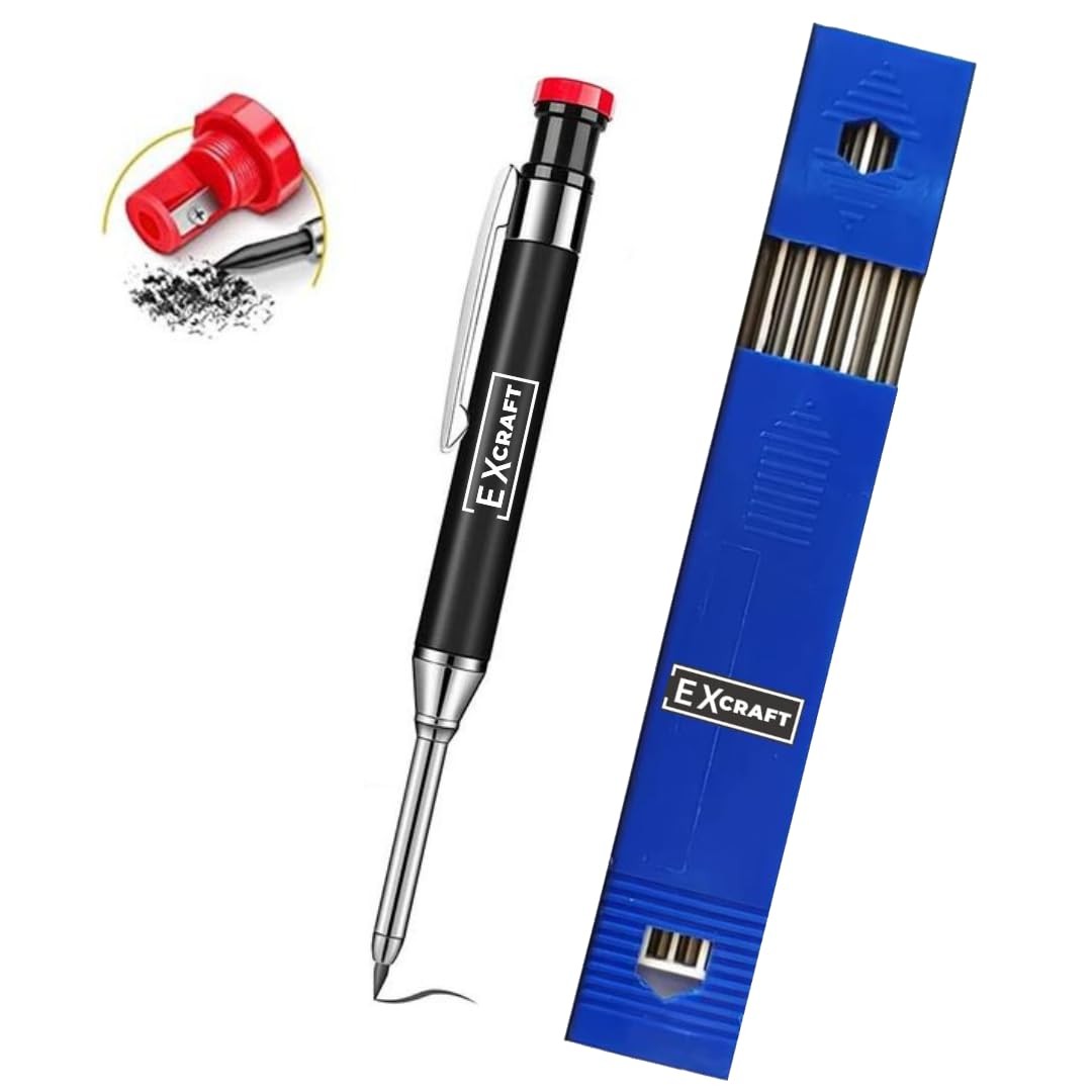 EXcraft Metal Mechanical Carpenter Pencil with 6 Refills Deep Hole Black