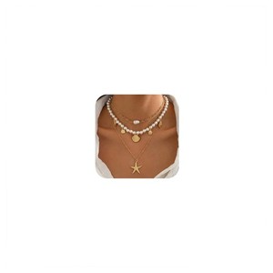 Authentic Shell Starfish Necklace for Women, Gold Plated Boho Layered Pendant Necklace ...