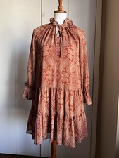 NWT Versona Paisley Boho Tiered Dress Womens Size S Rust Orange Long Sleeve