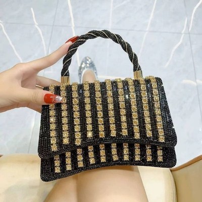 Black Gold Rhinestone Evening Bag Crystal Top Handle Clutch Party Handbag