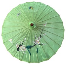 Vintage Hand Painted Asian Paper Parasol Umbrella Green Bamboo Cherry Blossom