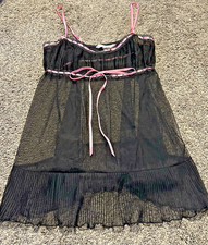 Victorias Secret VTG Y2K Black Pink Ruffle Baby Doll Nightie Lingerie Lace Sheer
