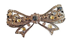 Silver Ribbon Bow Fasion Hair Clip Barrette Sparkly Gemstones Black S3 
