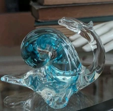 Vintage Art Glass Snail Paperweight Controlled Bubble Blown Murano Venezia Blue
