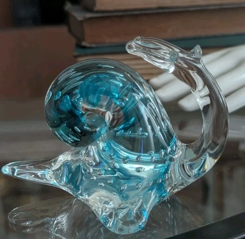 Vintage Art Glass Snail Paperweight Controlled Bubble Blown Murano Venezia Blue