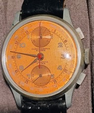 1950'S Suisse Manual Wind 17 Rubies Chronograph Salmon Dial SS Watch. Very Fine!
