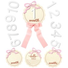 2PCS Wooden Baby Milestone Discs, Pink Bow, 1-12 Months, Coquette, Photo Props