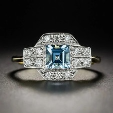 Art Deco Style Aquamarine Lab Created Diamond 14K Yellow Gold FN Wedding Ring
