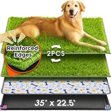 Large Dog Grass Pad with Tray, 35"x22.5", 2 Reusable Turf Pee Pads, Waterproof