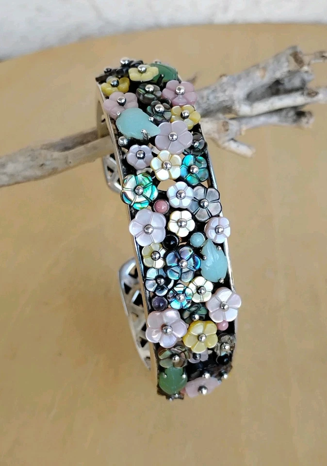 Brazalete Whitney Kelly 925 Esterlina Multi-Gema Floral Bisagras 56.8g 6.75" Ajuste Foto 3 de 4