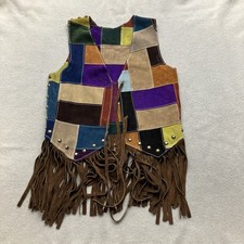 Vintage 70 s Multicolored Patchwork Suede Leather Fringe Vest S/M Boho Hippie