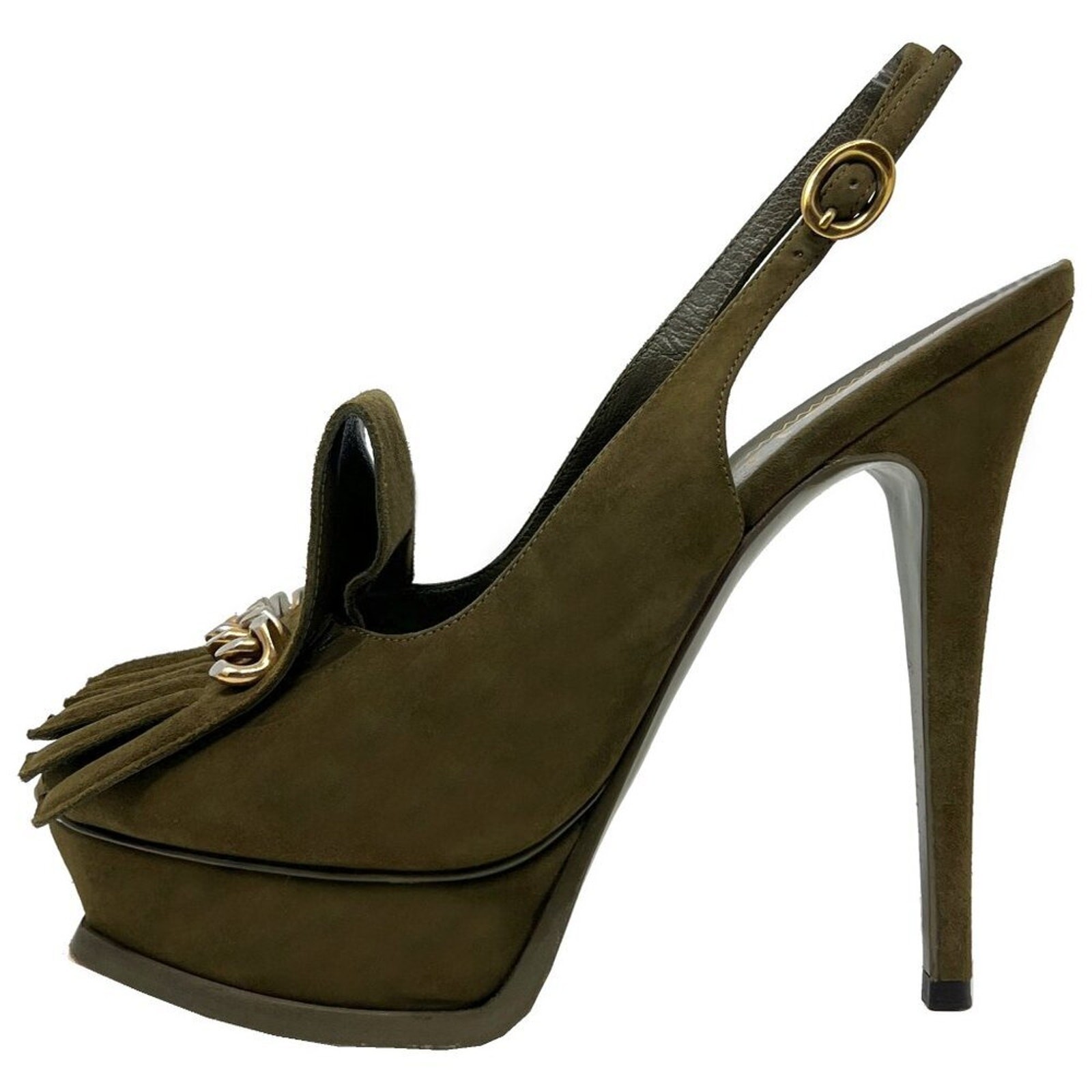 Decolte YSL Yves Saint Laurent scamosciate oliva frange catena plateau taglia 38 5