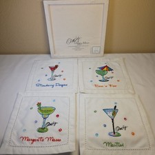 Juego de servilletas de cóctel vintage bordadas Martini Margarita Bar Ann Ormsby en caja