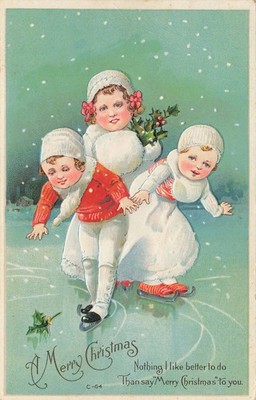 Vintage Embossed Christmas Postcard Children Ice Skating Holly C-64