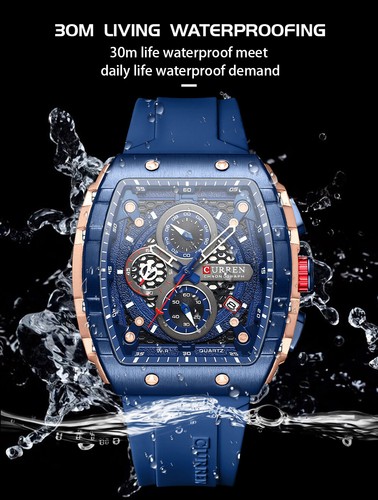 Reloj de pulsera cuadrado de lujo con banda de goma resistente al agua acero inoxidable con fecha para hombre - Imagen 18 de 25