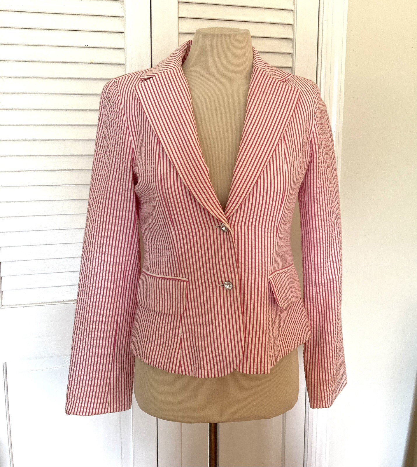 SAM TY Madras Pink Seersucker Blazer Jacket Size 4 with Crystal Buttons