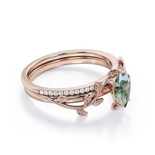 925 Sterling Feminine Leaf-inspired 1.25 carat Pear Moss Agate, and Moissanite - Picture 6 of 7