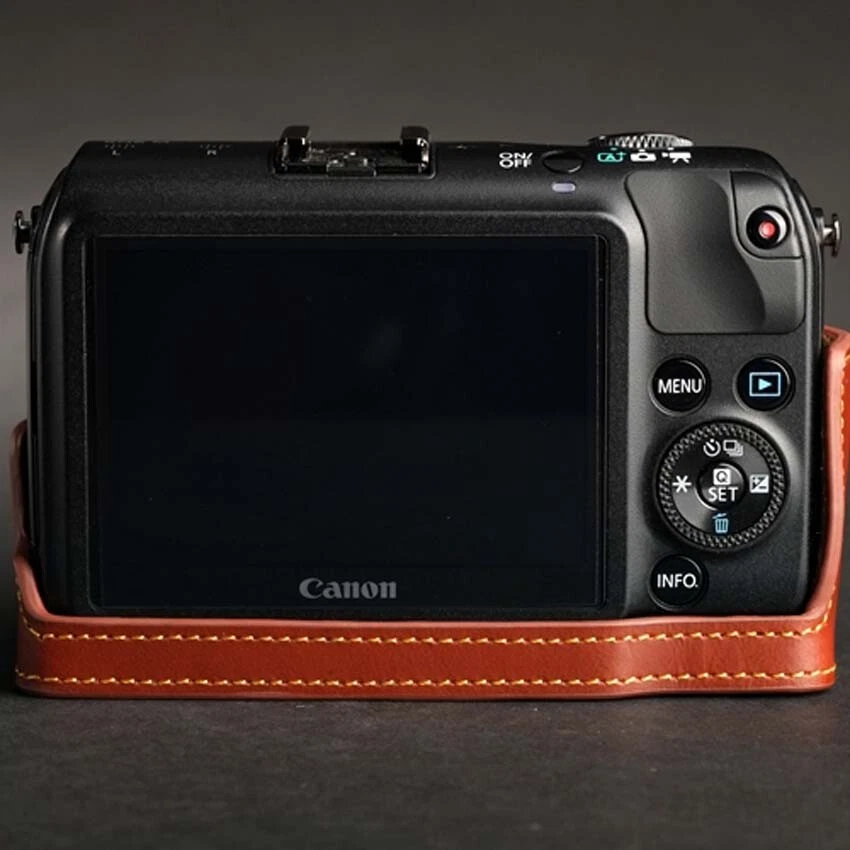 Media cubierta bolsa hecha a mano de cuero genuino para cámara para Canon EOS M3 M10 M2 M Foto 3 de 4