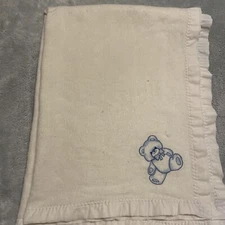 Vtg Acrylic Fleece Baby Blanket White & Blue Embroidered Teddy Bear Nylon Trim