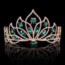 8cm Tall Adult Big Green Golden Full Crystal Tiara Crown Wedding Pageant Prom