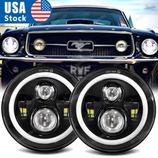 For Ford Mustang 1965-1978 7inch Round LED Headlights Halo DRL Angel Eyes Chrome