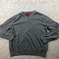 VTG Tommy Hilfiger Sweater Mens XL Gray Knit Crewneck Knit Flag Logo Fleece