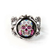 Pink Day of the Dead Sugar Skull Girl Punk Skeleton Silver Ring
