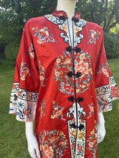 Vintage Chinese Embroidered Red Kimono Jacket 1940s Baihua Chinese Kimono Robe