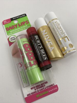 Lip Balm Set, Burts Bees Tinted, Baby Lips, Nivea Buttercream, Vitamin E Stick
