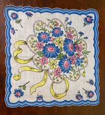 Vintage Ladies Hankie Handkerchief blue border bouquet of blue yellow flowers