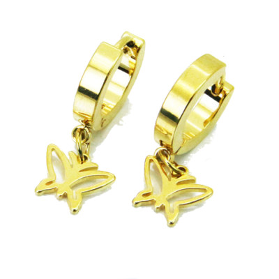 PAIRE BOUCLES D'OREILLES FEMME FILLE ACIER COULEUR OR CREOLES PAPILLON SUSPENDU