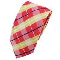 Schmale Tigertie Seidenkrawatte Rot Beige Silber Kariert - Krawatte Seide Tie