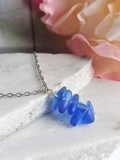 Cobalt Blue Stacked Sea Glass Beach Pendant Necklace, Stainless Steel, Ocean