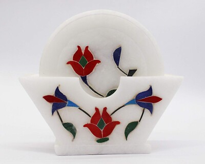 White Marble Cocktail Coaster Round with Inlay Work Set of 6 pcs Table Decor