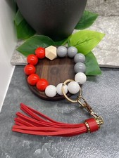 10" Handmade Wood Bead Leather Tassel Keychain Gold-Tone New Free Ship A2947