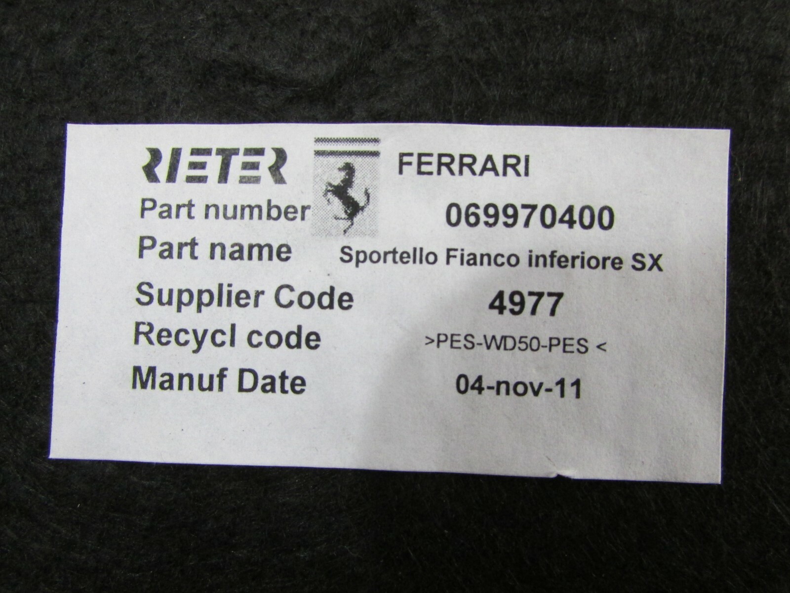 Ferrari California, LH Left, Trunk Carpet Access Cover, Used, P/N 69970400