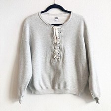 NSF Gray Pullover Sweatshirt Lace Up Neck Cotton Crew Neck Frayed Neck Small