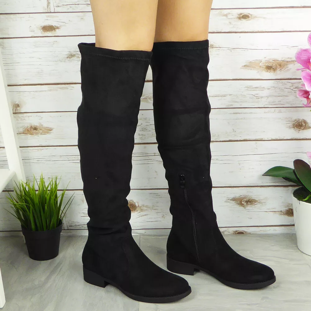 Womens Thigh High Boots Ladies Stretch Suede Low Heel Over The Knee Shoes Size