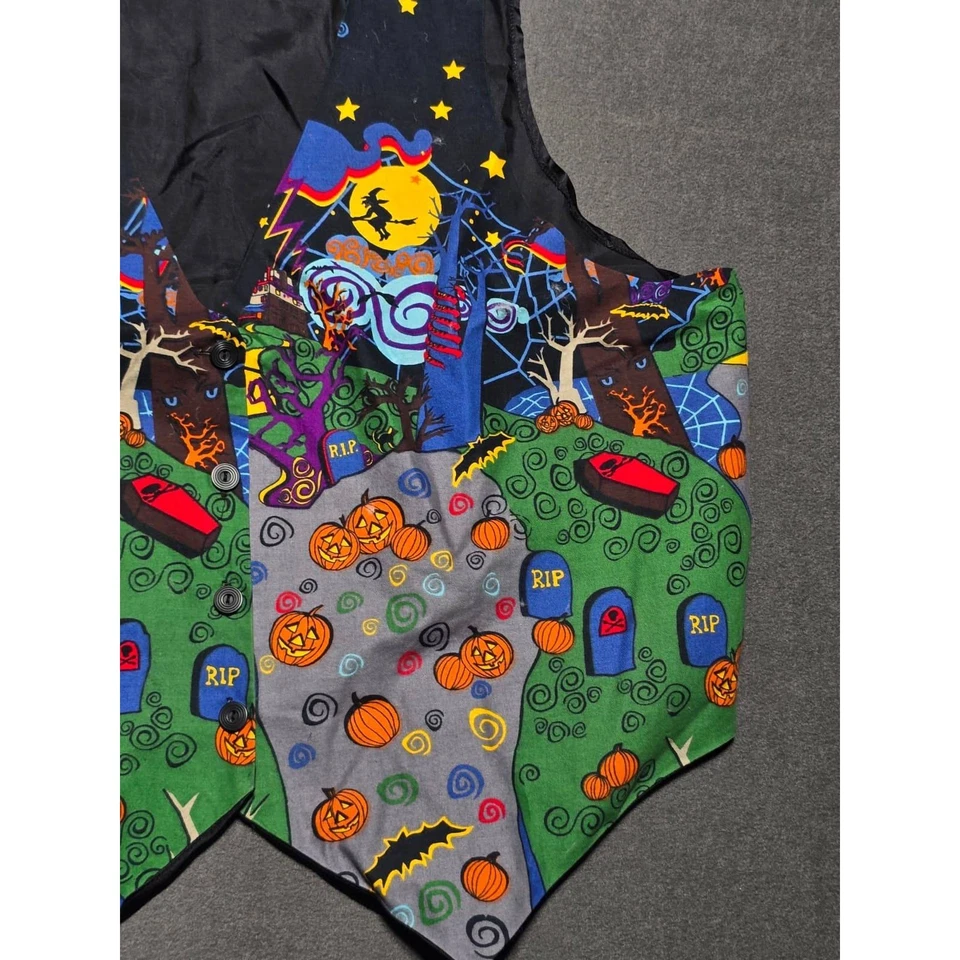 Basic Editions Spooky Halloween Vest Bats Ghosts Witch Cobwebs Graveyard 1X 90s - Image 3 of 4