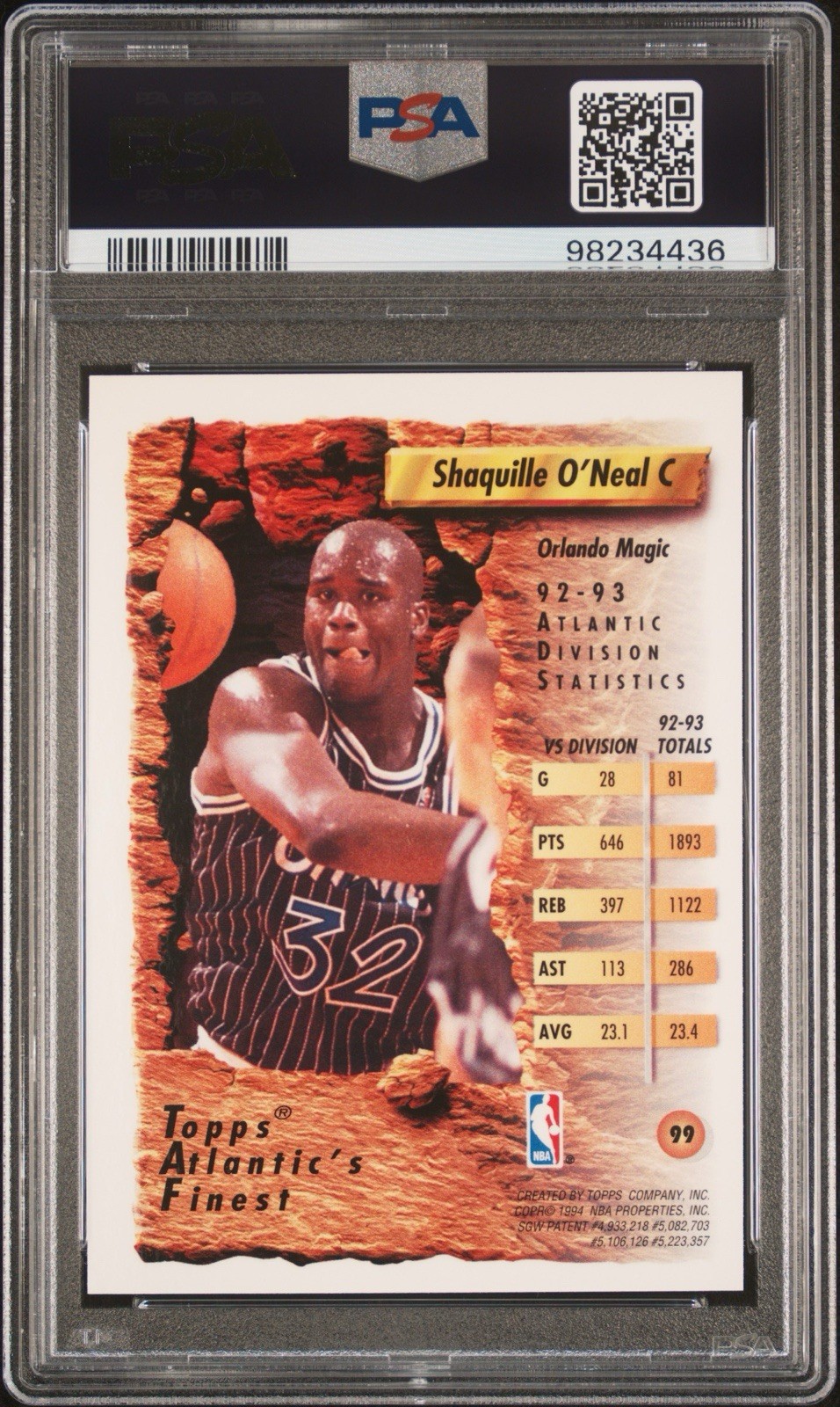 Topps Finest 1993 Shaquille O'Neal Orlando Magic #99 PSA 8 1992-93 Basketball view 2