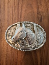 Silver Tone Horse Head and Horseshoe Belt Buckle