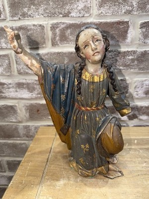 17th C Spanish Colonial polychrome wood sculpture Virgin Mary Santos Glass Eyes