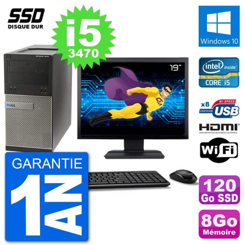 PC Dell 3010 MT Ecran 19" i5-3470 RAM 8Go SSD 120Go HDMI Windows 10 Wifi
