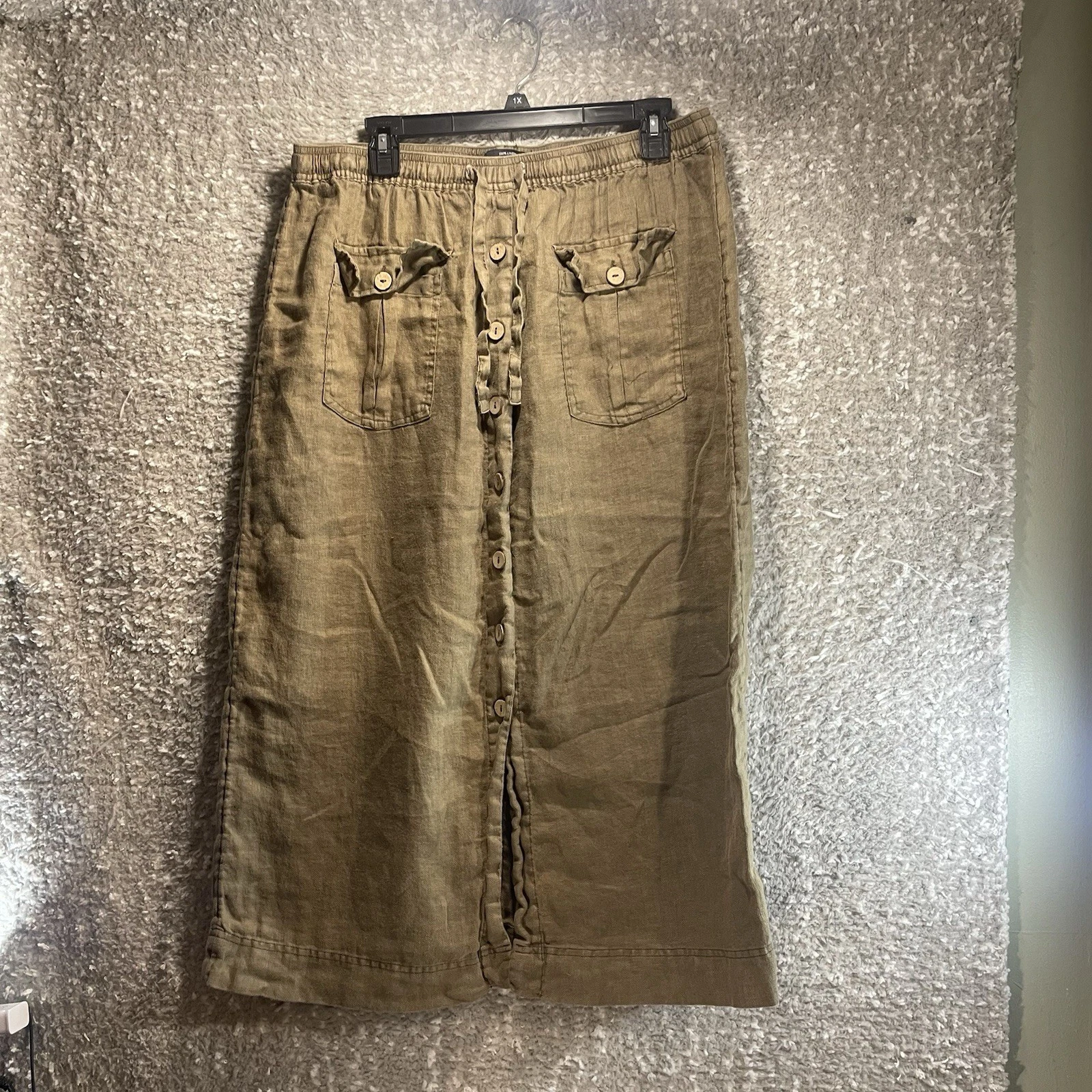 Nicole Miller Womens Skirt Xl Brown Midi Cargo Utility 100% Linen Bohemian
