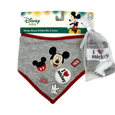 Disney Baby grau Baumwolle Mickey Mouse Stickerei Bandana Lätzchen Socken Set Gr. 0-12 Monate - Bild 1 von 2