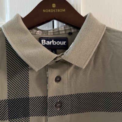 Barbour Polo Shirt Mens  LG Olive Green Tartan Check Pique Cotton Short Sleeve