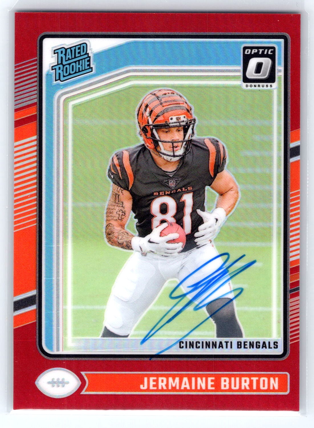 Jermaine Burton 2024 Donruss Optic Rated Rookie Red Prizm Auto SP! 60/75!