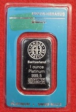 Argor-Heraeus Platinum Bar 1 Oz 1 Ounce .9995 Fine Sealed Assay Card Swiss Made 2899.99 per troy oz