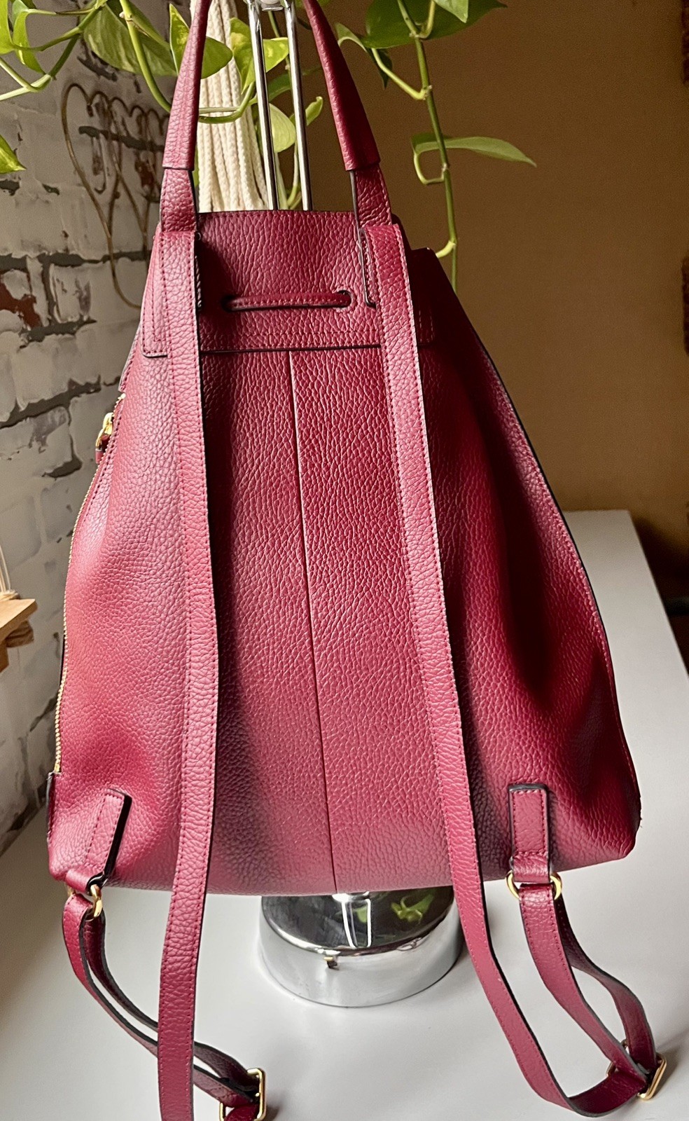 Halston Maroon Leather Drawstring Backpack with G… - image 12