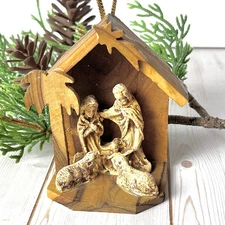 Vintage Handcrafted Nativity Scene Ornament Wood Jesus Holy Family Manger Sheep